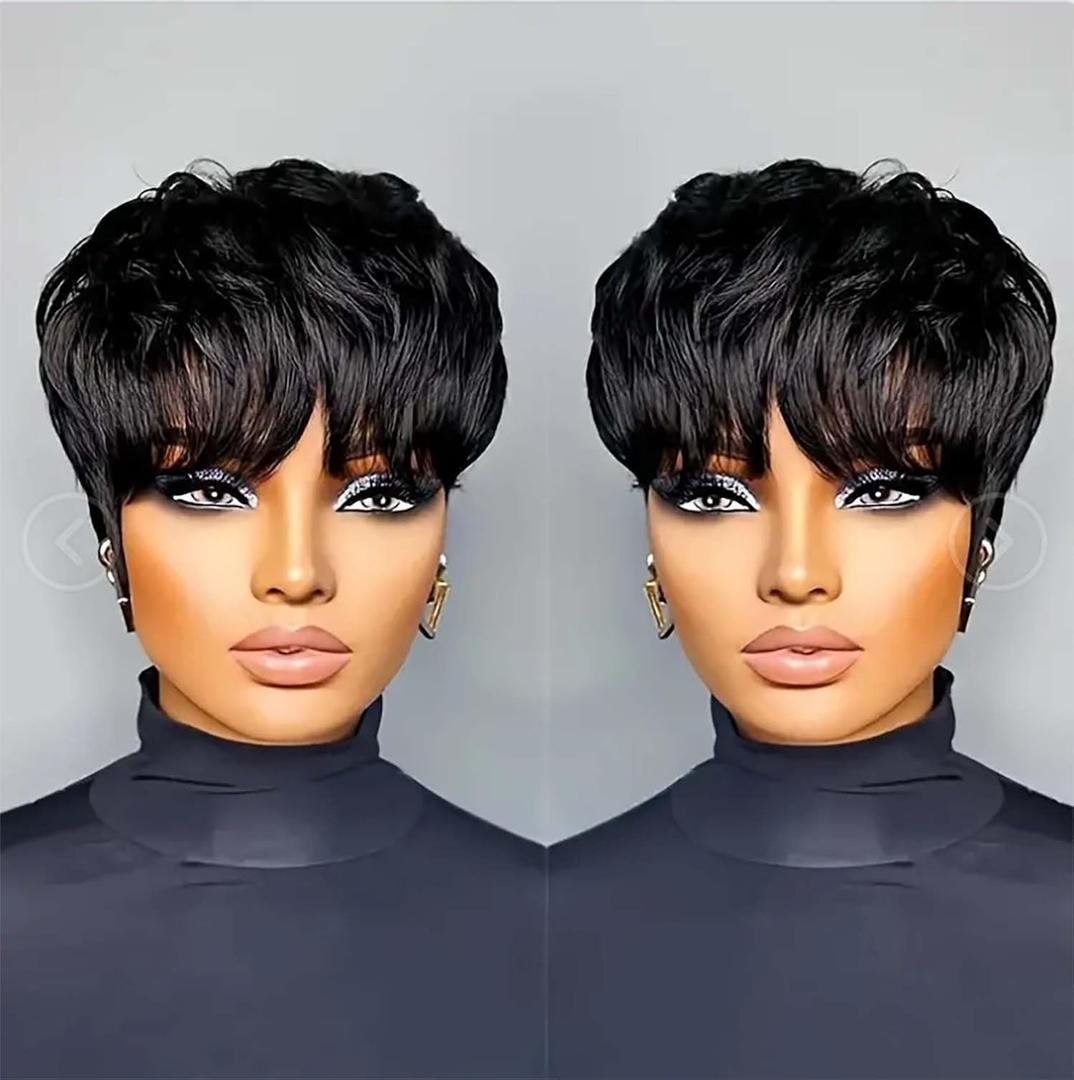 Flandi Pixie Cut Wig Human Hair Short Pixie Cut Wigs for Black Women Human Hair Glueless Pixie Wig Short Layered Brazilian Virgin Human Hair Wigs For Women Color 1B#