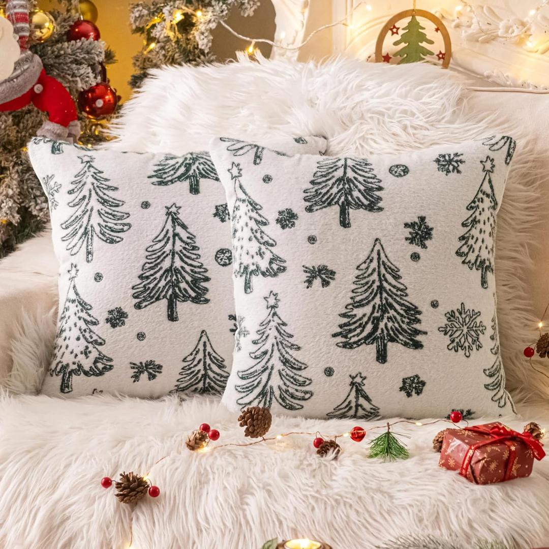 AQOTHES Christmas Tree White Throw Pillow Covers 18x18 inch Set of 2 Faux Fur Throw Pillows for Couch Sofa Holiday Festivals Winter Home Decor