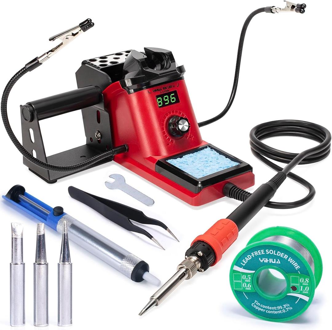 YIHUA 926 III 110W Soldering Iron Station Kit with LED Display, 2 Helping Hands, 3 Extra Iron Tips, 35g Lead-Free Solder, Solder Sucker, S/S Tweezers, C/F Conversion, Calibration & Sleep Features