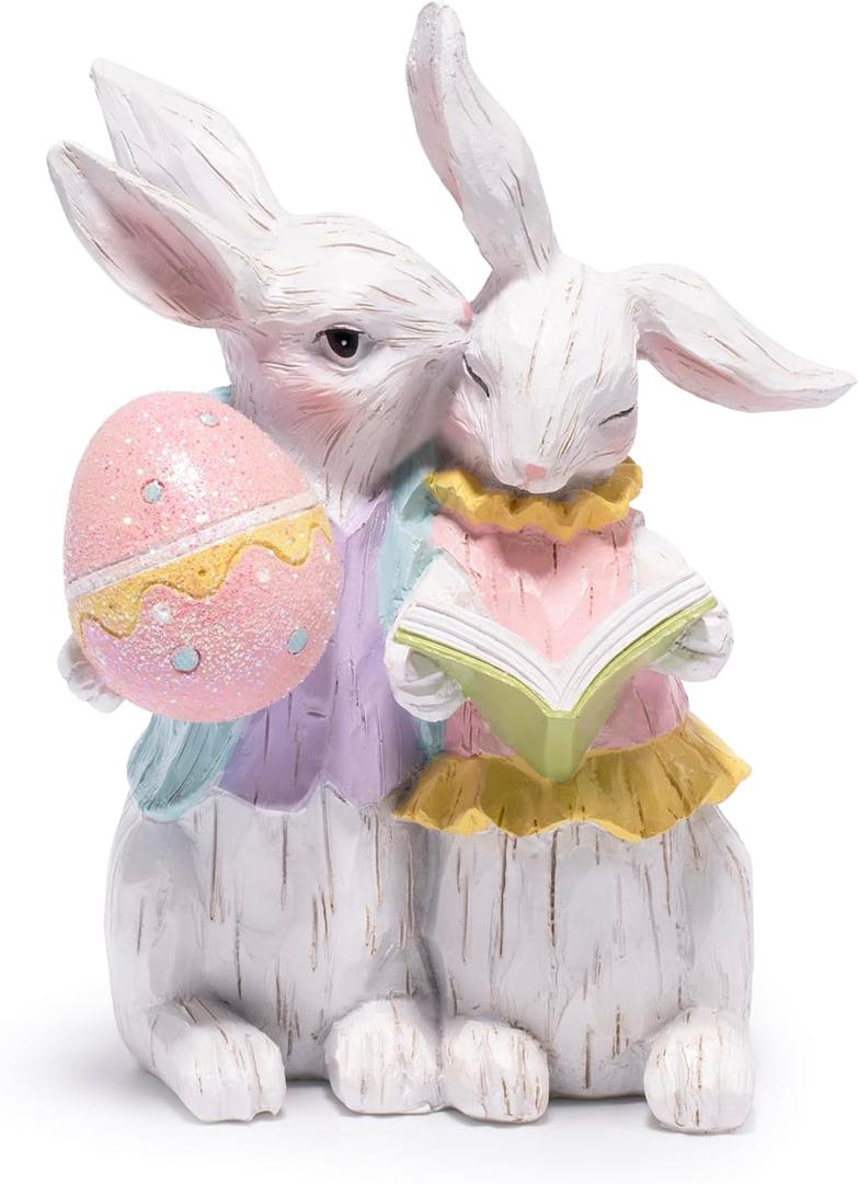 Hodao Easter Bunny Couple Figurine, Romantic Rabbits with Colorful Eggs & Book, Wood Carved Easter Decor, Spring Tabletop Decoration, Sweet Easter Gift for Couples, Family & Home