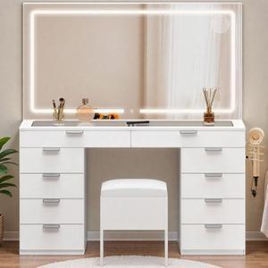 DWVO Makeup Vanity with LED Mirror and Charging Ports, 10-Drawer Vanity Set with Glass Top, Hair Dryer Holder, 3 Adjustable Light Colors, and Hidden Storage Stool