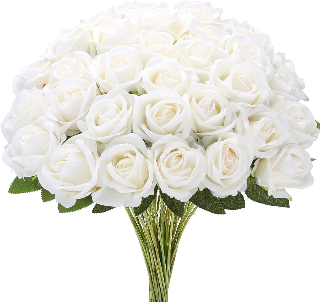 MERIXMAS Roses Artificial Flowers, Fake Velvet Silk Roses in Bulk for Home Decor Indoor, Fake Roses Realistic Flowers with Stems for Wedding Centerpiece Party Decor (24, White)