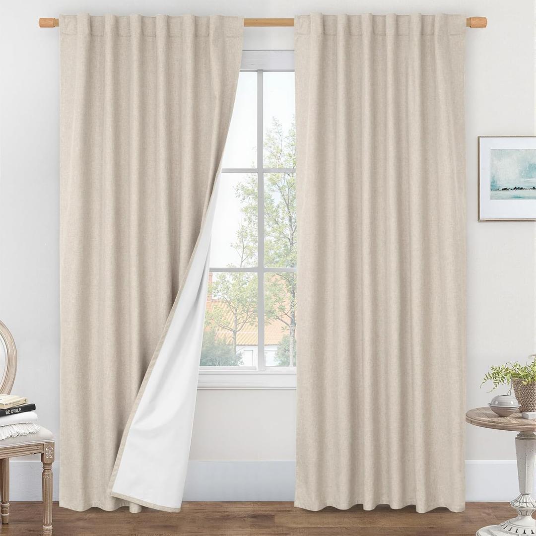 LAMIT Oatmeal 100% Blackout Linen Curtains, 84 Inch Linen Textured Living Room Farmhouse Curtains Room Darkening Back Tab and Rod Pocket Burlap Neutral Panels with White Liner, 2 Panels, 52 x 84 Inch