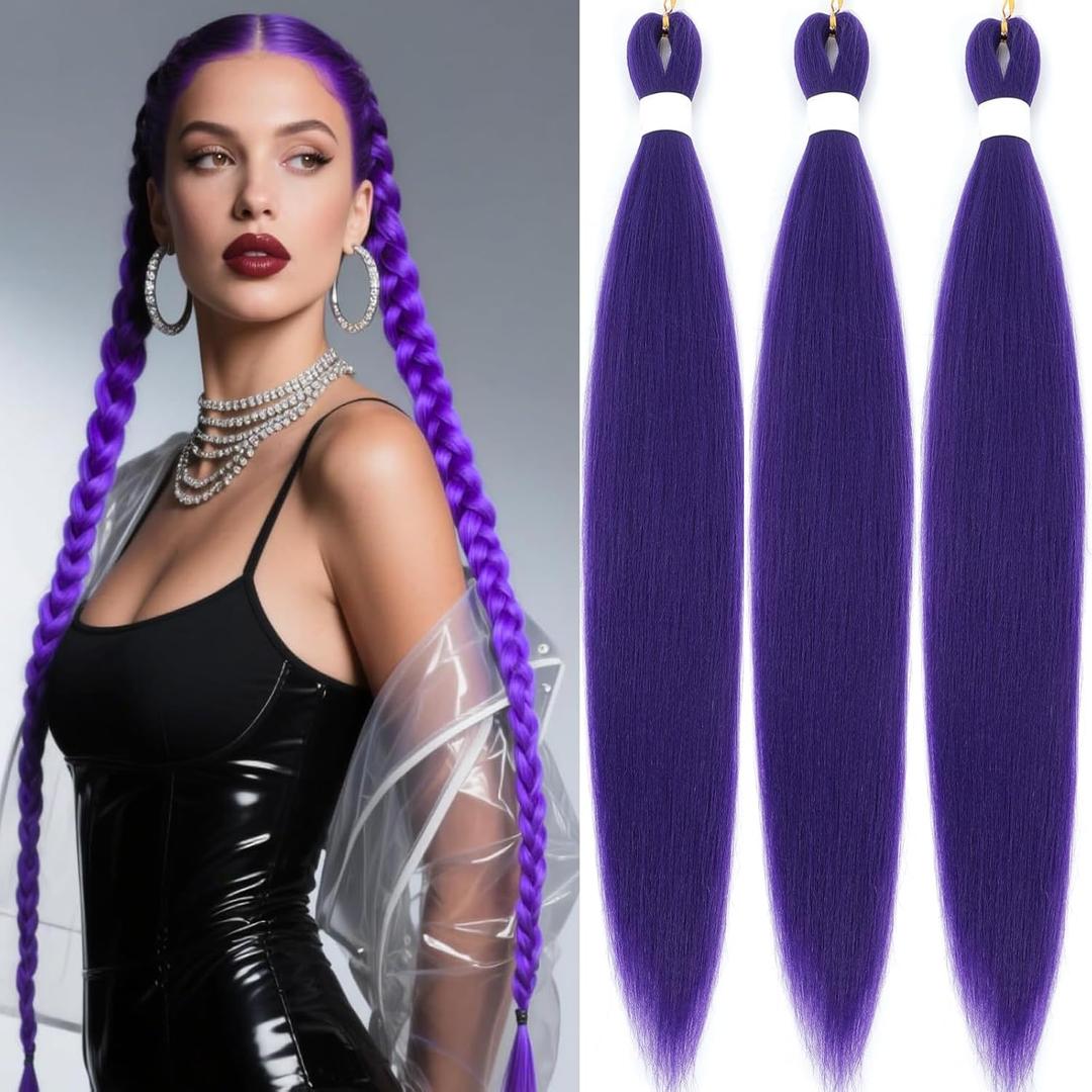 40 Inch Purple Braiding Hair Extensions Pre Stretched Synthetic hair extensions for Braids Hair Style Wig Halloween Costume Cosplay (Purple, 40 Inch (Packs of 3))