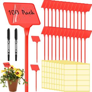 Marsui 202 Pcs Large Plant Labels Kit, Include 100 Outdoor Plastic Plant T Type Tags Waterproof Reusable Plant Markers Stakes, 100 PET Films and 2 Marker Pens for Herbs Pot(Red,6 Inch)