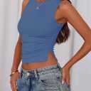 PRETTYGARDEN Women Going Out Tops Summer Clothes 2025 Trendy Split Hem Ruched Sleeveless Shirt Cute Y2K Tank Top (Blue, XXL)