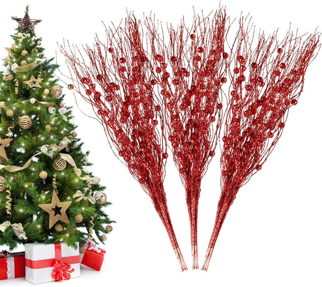 Losris Christmas Artificial Glitter Berry Stem Decorations Decorative Bead Sticks Xmas Picks Glittery Twigs Branches for Christmas Tree Wreath Gift Vase Decor Party Ornaments Red 24 PCS