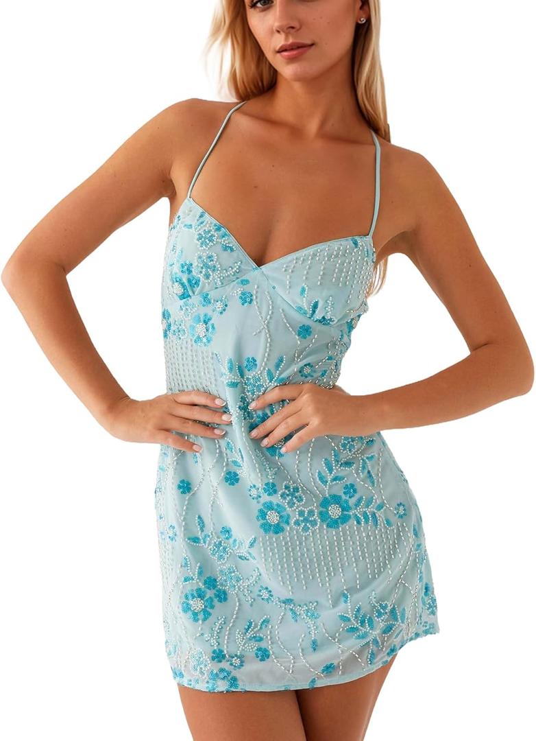 Women Sequin Sparkly Rhinestone Mini Dress Sleeveless Backless Deep V Neck Glitter Short Cami Dress Party Clubwear (Small, Blue)