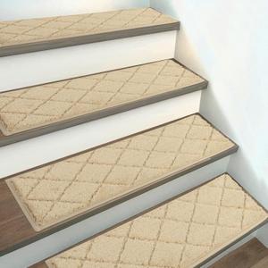 HEBE Carpet Stair Treads Non Slip 15 PCS 8" X 30" Edging Stair Runner for Wooden Steps Indoor Self Adhesive Stair Rugs Runners Reusable Staircase Step Treads Mat for Kids,Elders,Pets (Beige/Diamond)