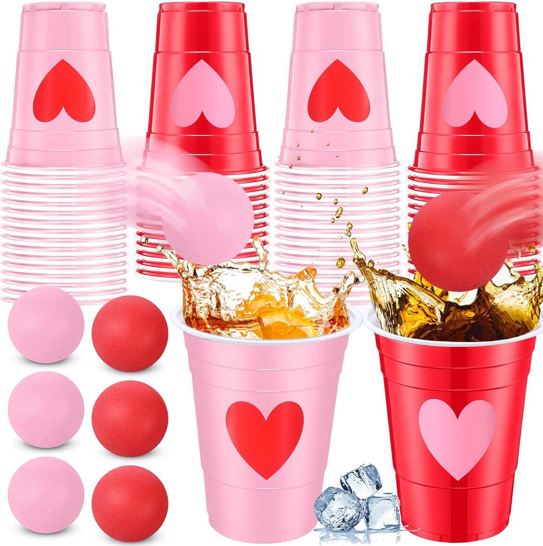 32 Pack Valentine's Day Party Game Set Party Supplies Includes 24 Pcs 16oz Red Pink Beer Cups with Heart Designs and 8 Pcs 1.5in Ball for Galentines Favor Outdoor Birthday Toss Game Adult