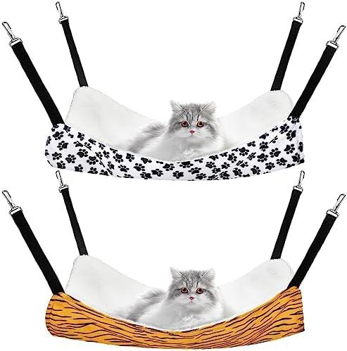 2 Pieces Reversible Cat Hanging Hammock Soft Breathable Pet Cage Hammock with Adjustable Straps and Metal Hooks Double Sided Hanging Bed for Small Dogs Rabbits(Zebra and Cat Paw Print,M)