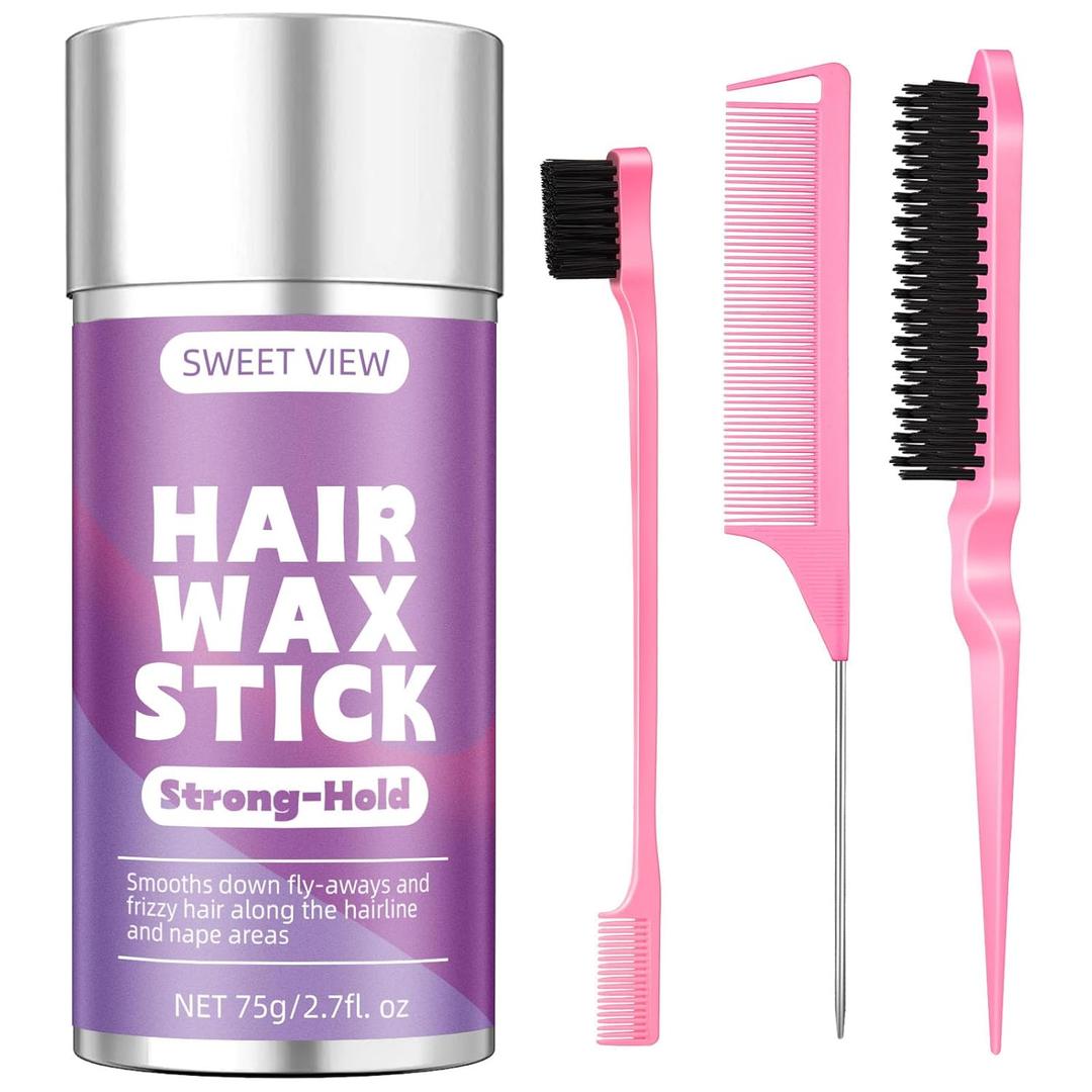  Sweet View Hair Wax Stick & Slick Back Hair Brush for Tame Flyaways, Frizz, Sleek Ponytails, Buns | Pomade/Balm/Gel Stick for Woman, Styling Accessories for Girls
