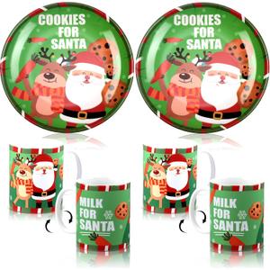 Yaomiao 4 Pcs Cookies for Santa Plate and Cup Set Christmas Santa Plates and Mugs for Milk and Cookies 2 Christmas Tray 2 Milk Cups Reindeer Elf Theme Gift Set for Xmas Dinner Party Favor