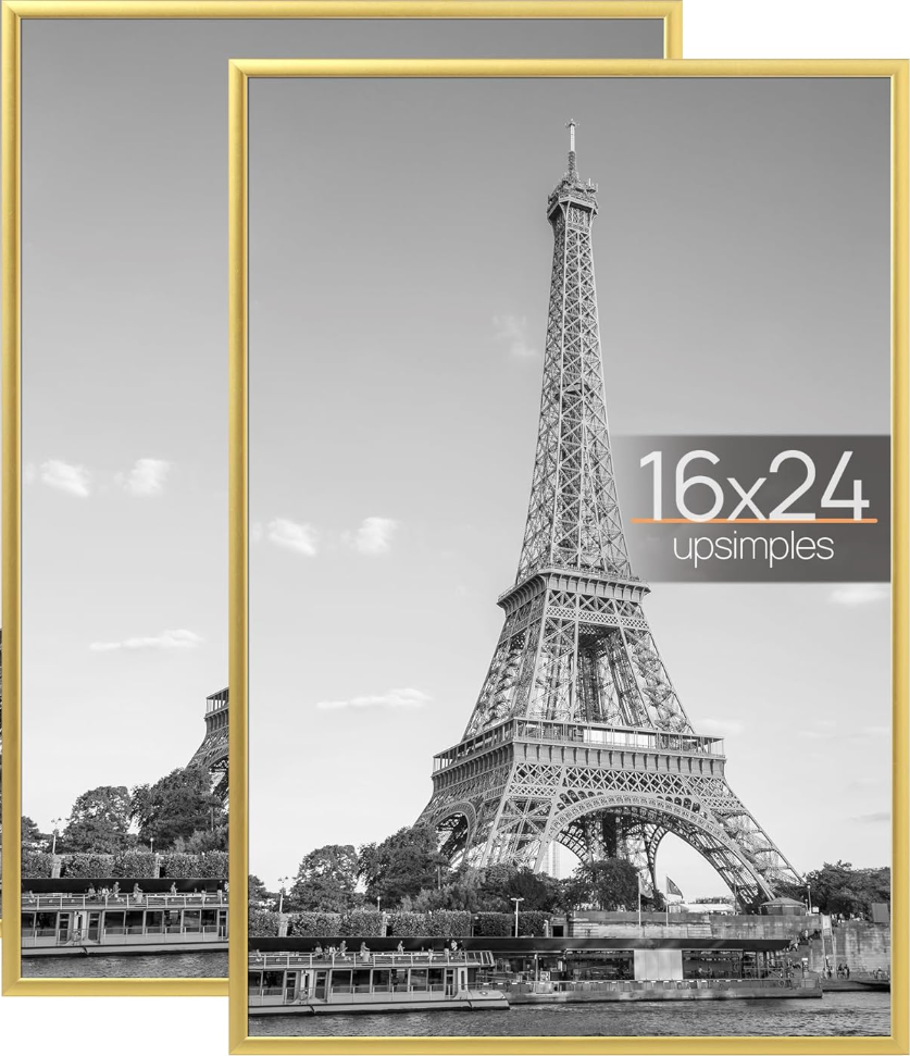 upsimples 16x24 Picture Frame Gold 2 Pack, Scratch-Proof Poster Frames 16 x 24 for Photo Gallery - Slide-In Strips, Horizontal or Vertical Wall Mounting