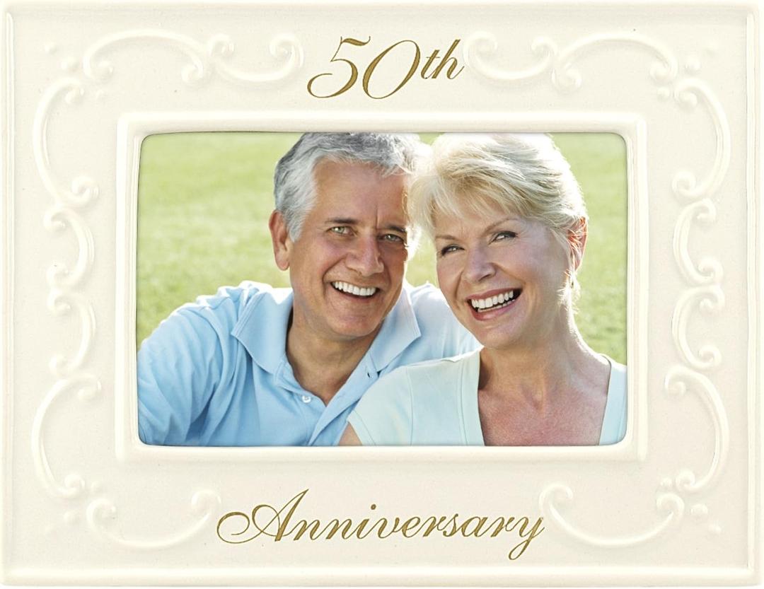 Malden International Designs Glazed Ceramic With Gold Accents 50th Anniversary Picture Frame, 4x6, White