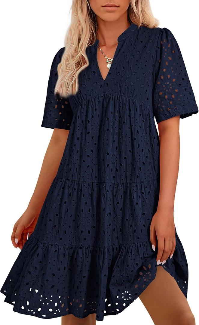 BTFBM Womens Boho Summer Dresses 2026 Spring V Neck Short Sleeve Hollow Out Lace Ruffle Casual Beach Mini Vacation Dress (Medium)