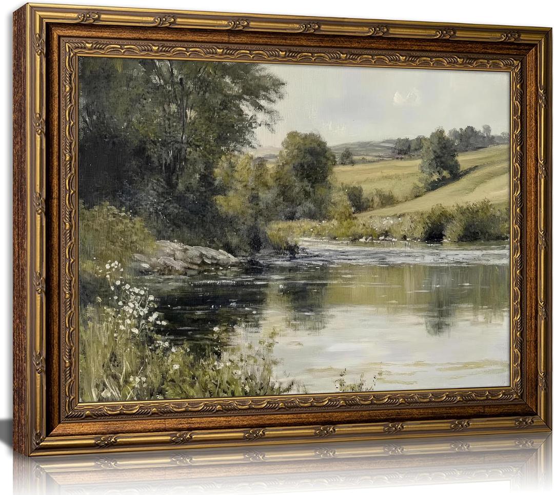 Vintage Gold Framed River Wall Art Painting, Summer River Landscape Canvas Poster Decorative Painting for Bedroom Bathroom Living Room Office Decor 16x24 inch