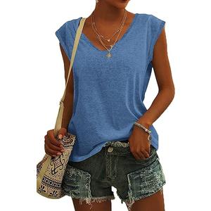 AUSELILY Womens Cap Sleeve T-Shirt Casual Loose Fit Tank Tops
(Blue,S)