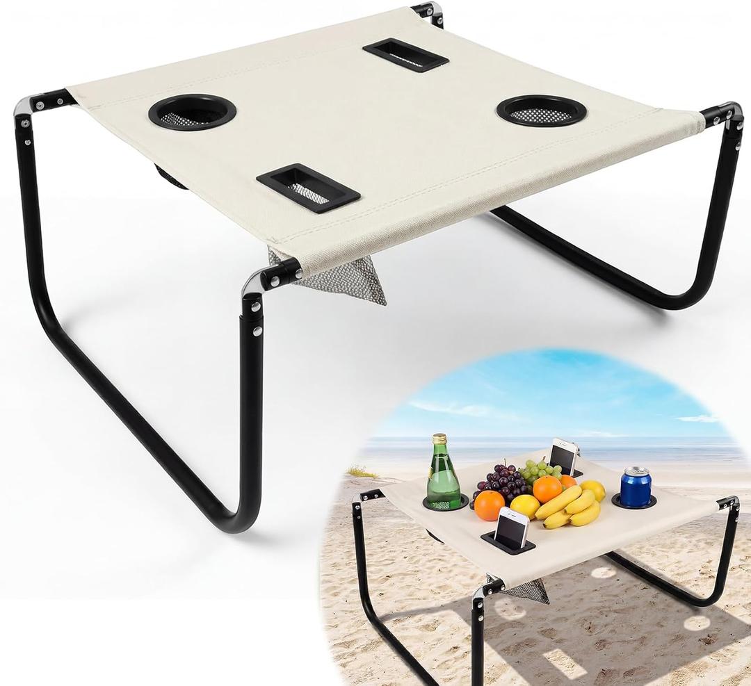 Portable Beach Table Foldable Camping Picnic Table with Cup Holder and Phone Pockets Lightweight Stable for Tailgate Travel Fishing Hiking and Outdoor Adventures(White,Solid Pattern)