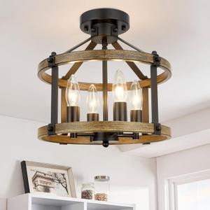 Farmhouse Semi Flush Mount Ceiling Light Fixture, 12.5 Inch 4-Light Rustic Ceiling Mount Light Fixtures, Round Brown Wood Finish Flush Mount Lights for Kitchen Bedroom Hallway Laundry Room