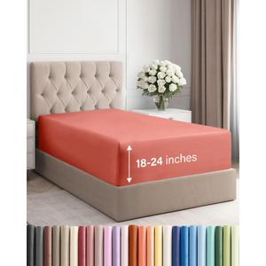 Extra Deep Twin Fitted Sheet - Hotel Luxury Single Fitted Sheet Only - Easily Fits 18 inch to 24 inch Mattress - Ultra Soft, Wrinkle Free w/Extra Deep Pockets - Easy-Care, Breathable & Comfy - Coral