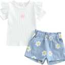 Toddler Baby Girl 2Pcs Knit Ribbed Ruffle Short Sleeve Floral Print Tops + Shorts Set Outfits (White)