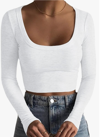 Women's Square Neck Long Sleeve Ribbed Slim Fitted Casual Basic Crop Top Small