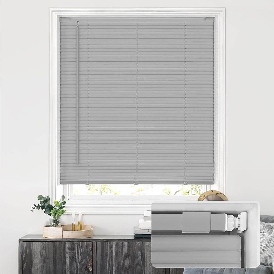 LazBlinds No Tools No Drill Cordless 1" Vinyl Mini Blinds, 100% Privacy S-Curve Blinds for Indoor Windows, Room Darkening Horizontal Window Blinds and Shades for Home, 24" W x 48" H, Grey
