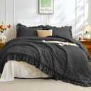 JOLLYVOGUE Black Comforter Full Size, 3 Pieces Seersucker Lightweight Full Size Bedding, All Season Fluffy Microfiber Bedding Comforter Set with 1 Ruffle Comforter and 2 Ruffle Pillowshams