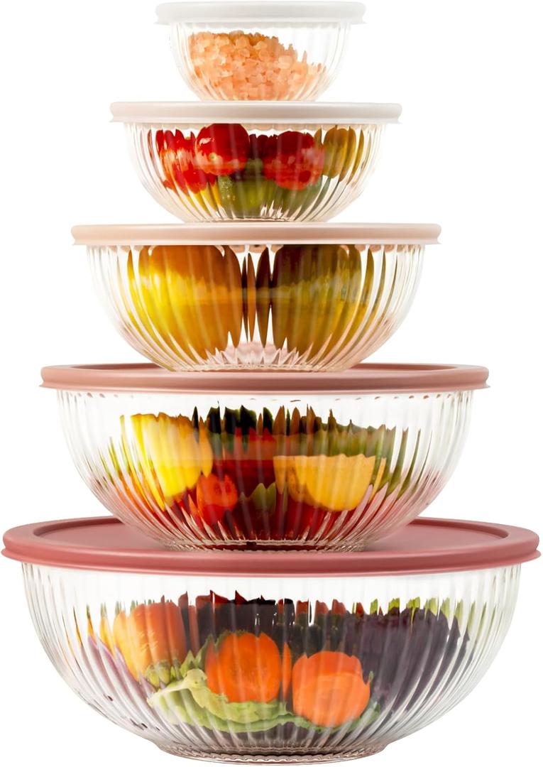 Glass Mixing Bowls with Lids Sets, 5 Packs Glass Bowls with Lids for Kitchen Baking, Meal Prepping and Salad, Bpa Free and Dishwasher Safe Serving Bowls, 0.2/0.5/1.1/2.1/3.7Qt, Large
