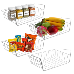 4Pack White Under Cabinet Storage Baskets – Hanging Shelf Organizers for Kitchen, Pantry, Desk & Bookshelf – NoTool Installation, SpaceSaving Design