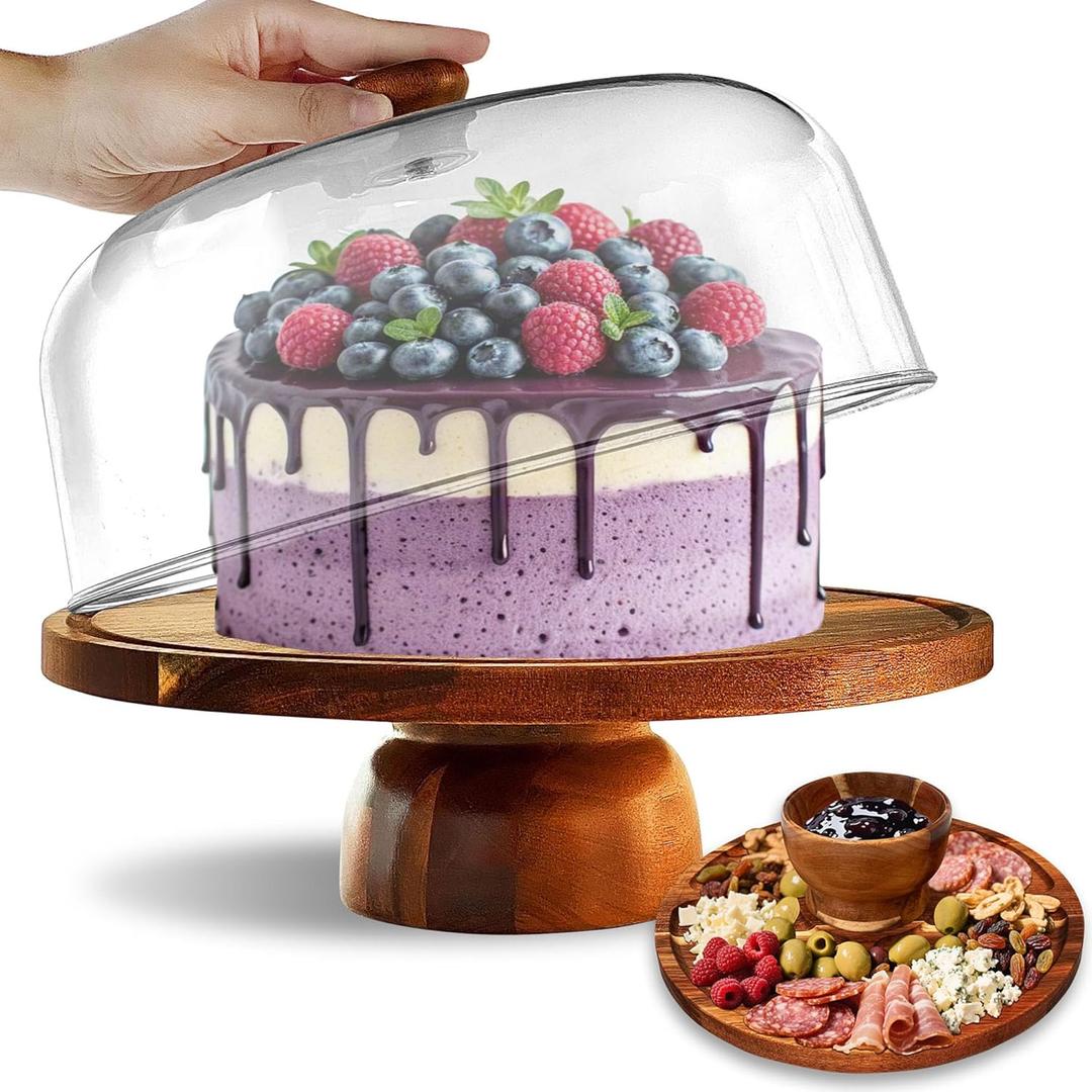Mozphae WoodCakeStand With Acrylic Dome Lid, Round Wooden Cake Holder Plate With Cover, 2in1 Dessert Table Display Set For Party, Charcuterie Board For Cheese, Chips & Dips, Nachos, Fruit Platter