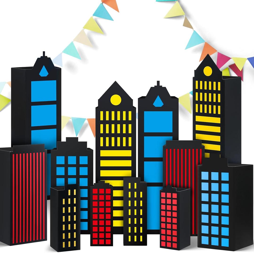 Motiskyy 12 Pcs Hero Party Favor Boxes Skyscraper City Gift Boxes Hero Theme Party Decoration Candy Goodies Boys Girls Birthday Party Decorations Supplies (Black)