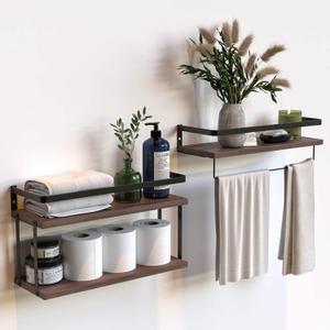 RICHER HOUSE 2+1 Tier Wall Mounted Floating Shelves Set of 2, Rustic Wood Shelf with Metal Frame, Extra Storage Rack for Bathroom, Kitchen, Bedroom with Tissue Rack & Towel Bar - Rustic Brown