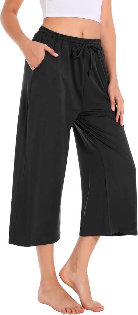 Annenmy Women's Capri Yoga Pants Wide Leg Gym Shorts Quick Dry Drawstring Pants Loose Workout Capris Sweatpants with Pockets (Large, Black)