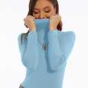 Women's Turtleneck Long Sleeve Shirts Slim Fitted Lightweight Base Layer Casual Tops (Blue, XXL)