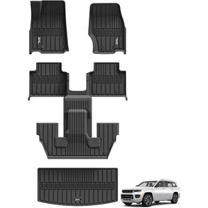 3W Floor Mats & Cargo Liner Fit for Jeep Grand Cherokee L 2021-2025 All Weather TPE Custom Fit Floor Liner for 1-3 Rows and Trunk (ONLY for 6-Passenger Without Center Console) Full Set Car Mats Black