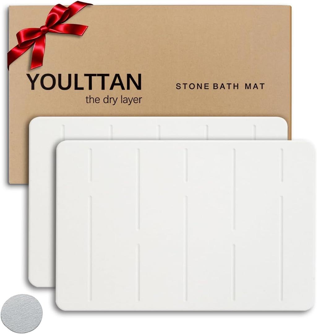 Home Bath Stone Mat 24"x16" (2-Pack)  Quick-Dry, Non-Slip Diatomaceous Earth Mat, Stylish & Absorbent, White Straight