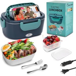 Electric Lunch Box 80W Heated Lunch Box for Adults 12/24/110V Portable Food Warmer LunchBox with 304 Stainless Steel Container for Office/Car/Truck(1.5L) Green
