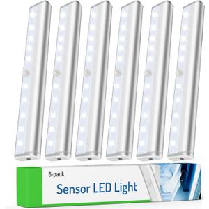 Motion Sensor LED Lights, 6 Pack Battery Operated 10 LED Motion Closet Light, Stick-On Anywhere Magnetic Night Light Bar for Closet Under Cabinet Kitchen Hallway Stairway Vanity Wardrobe (White)