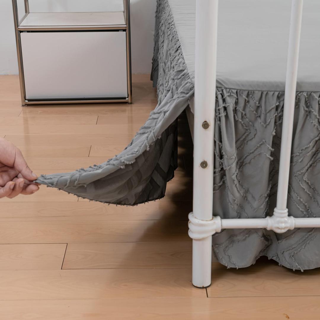 Tufted Bed Skirt Queen Size, Ruffled Bed Skirt with Split Corners, Queen Bed Skirt 18 Inch Drop, Square Boho Queen Size Bed Skirt for Ruffled Bed Skirts, Grey, 18'' Queen