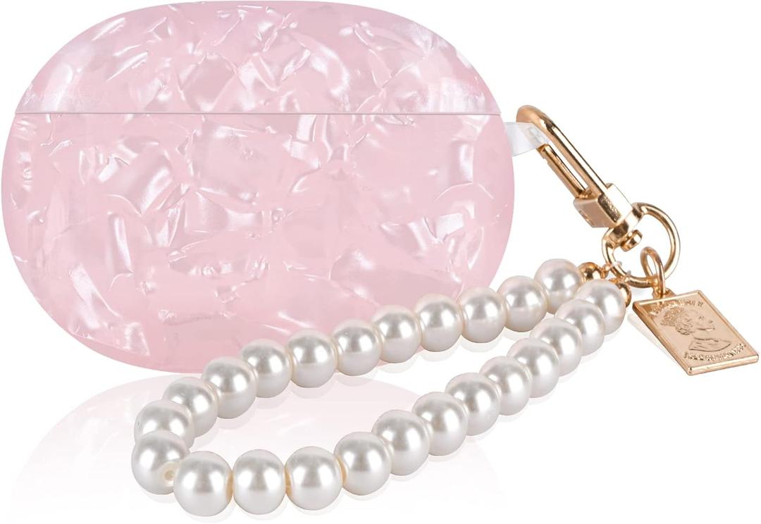 Glitter Marble Shell Design for Beats Studio Buds with Pearl Wrist Chain Keychain Sparkle Protective Skin Cover (Pink)