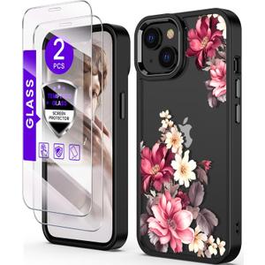 for iPhone 14/13 Case+Tempered Glass Screen Protector, Military Grade Protective Slim Soft TPU & Hard PC,Girls Women Crystal Clear Flower Pattern Case Cover for iPhone 14/13-Safflower (Golden Shield Flower Series-Safflower)