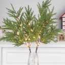 Lighted Artificial Pine Branches for Vases, 28" Christmas Cypress Sprigs with 60 LED Lights, Battery Operated or USB Plug in, Indoor/Outdoor Holiday Decorations (2PCS)