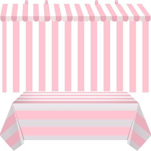Boao 4 Pcs 3D Circus Awning Wall Decoration Set Carnival Awning with Tablecloths Concession Stand Supplies for Party Walls Classroom Decorations(Pink, 70.87 x 51.18 Inches, Stripes)