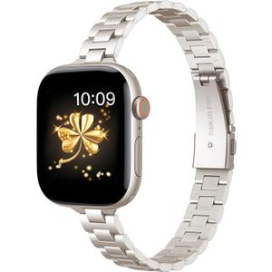 WFEAGL Slim Stainless Steel Band Compatible with Apple Watch 42mm 41mm 40mm 38mm Women, Elegant Dressy Jewelry Bracelet, Thin Lightweight Metal Strap for iWatch Series 11 10 9 8 7 6 5 4 3 2 1 SE, Starlight