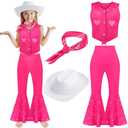 JenPen 4 Pcs Pink Cowgirl Costume Girls 70s 80s Disco Outfits Movie Heroine Dress Up Set for Halloween Cosplay Birthday Party Size 150
