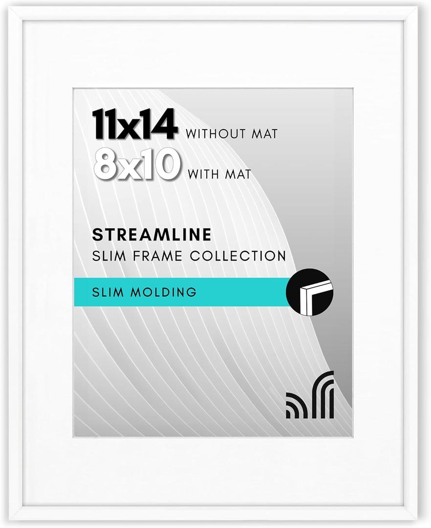 Americanflat 11x14 Picture Frame with Shatter-Resistant Glass - Use as 8x10 Frame with Mat or Display 11x14 Photo Without Mat - Streamline Collection - Thin Border Picture Frames for Wall - White