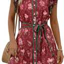 Wenrine Womens Summer Button Down Shirt Dress Casual Collar V Neck Floral Ruffle Sleeve Boho Beach Vacation Mini Dresses (Large, Burgundy)