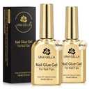 UNA GELLA 9 in 1 Gel Nail Glue for Clear Acrylic Nails Tips 2Pcs 10ml Long Lasting Super Strong Brush on Nail Gel Glue for False Press on Nails Tips Base Blooming Gel, U V Light Required